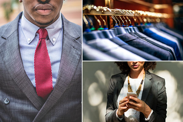 images of a well-dressed man, a well-dressed woman and a rack of suits