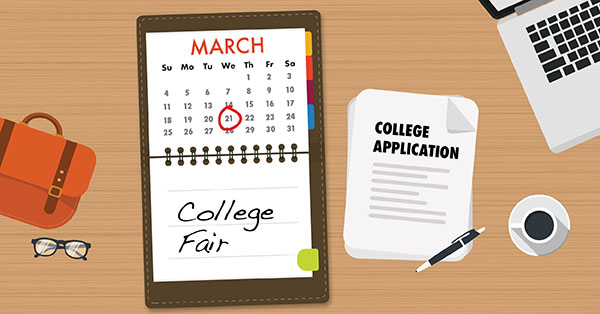 image of a calendar, glasses, college application, computer on a desk