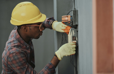 A person in a hard hat and work gloves plugs wires into an electrical box on a construction worksite. 