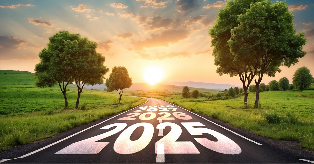 An illustration of a road with the years 2025-2029 written on it. As the road expands outward, the years become less visible in the distance. There are trees along both sides of the road.