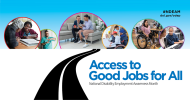 The 2024 NDEAM poster shows a road leading to circular photos of diverse workers with disabilities in various workplaces. It says, “Access to Good Jobs for All, National Disability Employment Awareness Month, #NDEAM and dol.gov/odep."